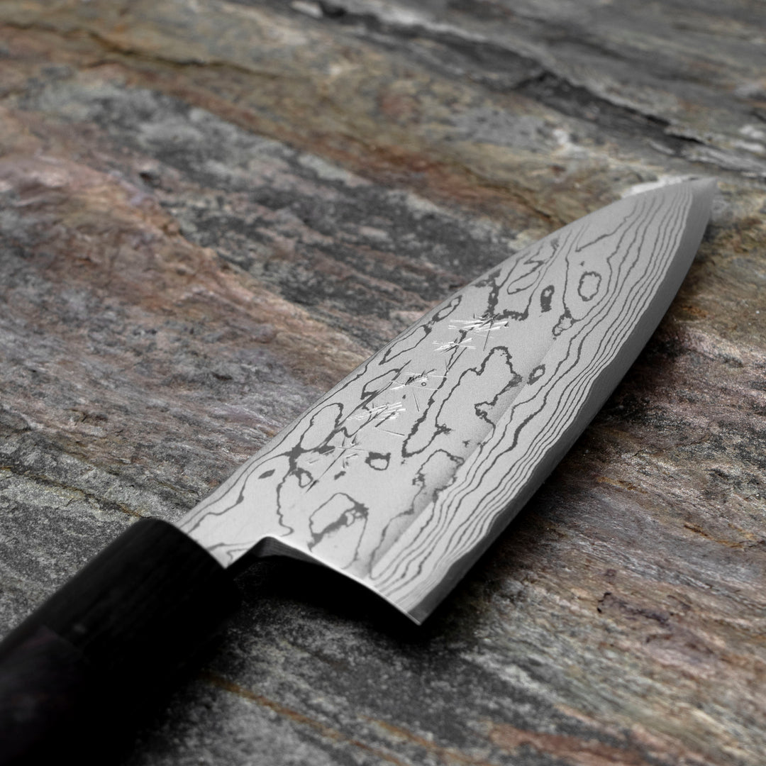 Deba 12 cm Hideo Kitaoka Black Shirogami#2/Iron Damascus