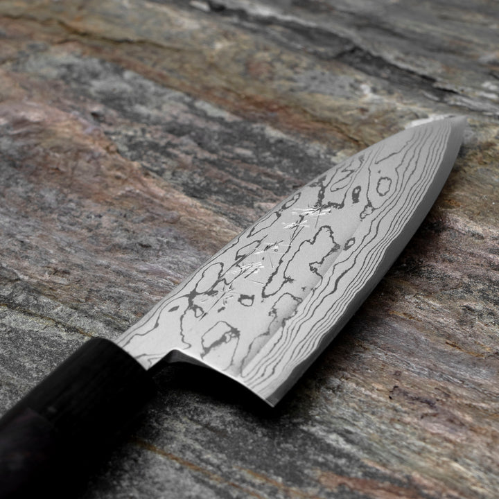 Deba 12 cm Hideo Kitaoka Black Shirogami#2/Iron Damascus
