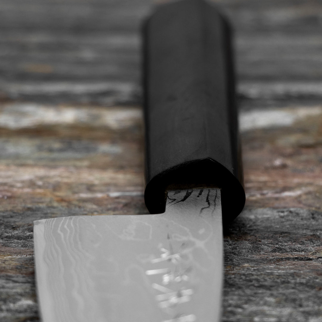 Deba 12 cm Hideo Kitaoka Black Shirogami#2/Iron Damascus