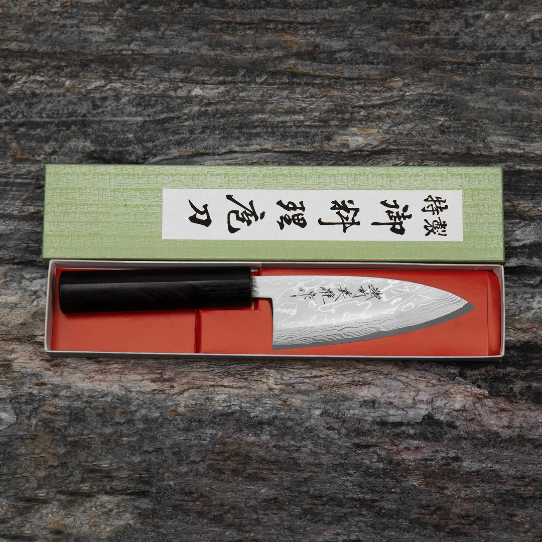Deba 12 cm Hideo Kitaoka Black Shirogami#2/Iron Damascus
