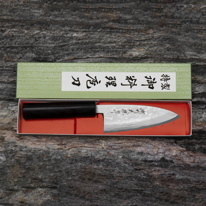 Deba 12 cm Hideo Kitaoka Black Shirogami#2/Iron Damascus