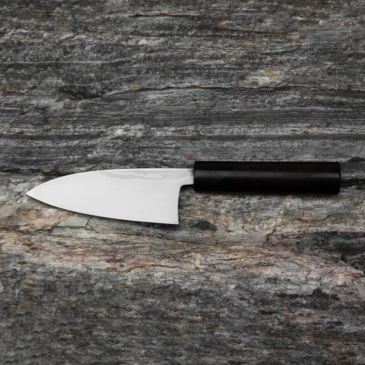 Deba 12 cm Hideo Kitaoka Black Shirogami#2/Iron Damascus
