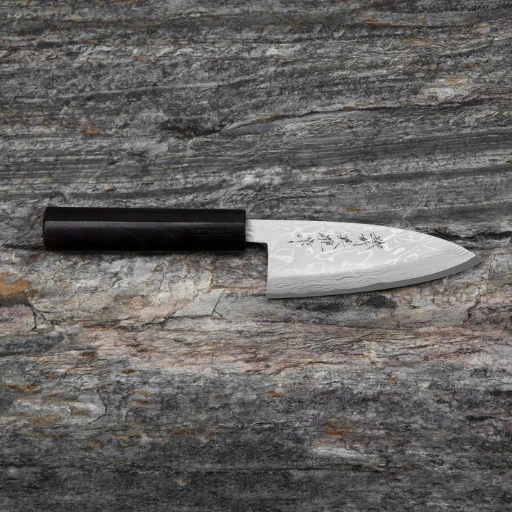 Deba 12 cm Hideo Kitaoka Black Shirogami#2/Iron Damascus