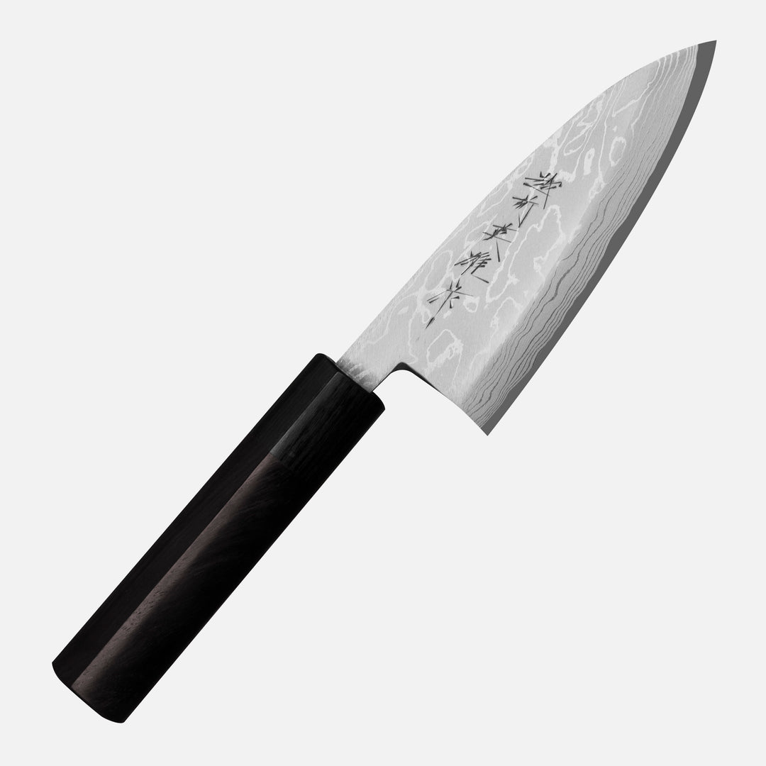 Deba 12 cm Hideo Kitaoka Black Shirogami#2/Iron Damascus
