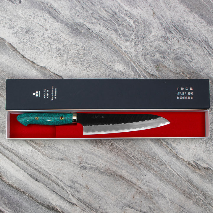 Gyuto 21 cm Nigara Hamono Kurouchi Green Turquoise SG2