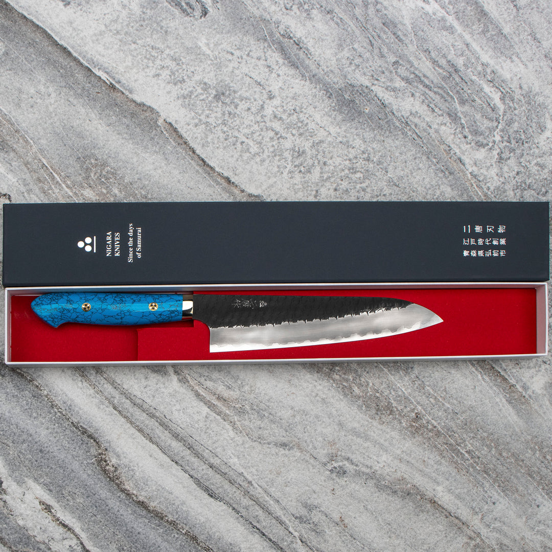 Gyuto 21 cm Nigara Hamono Kurouchi Blue Turquoise SG2