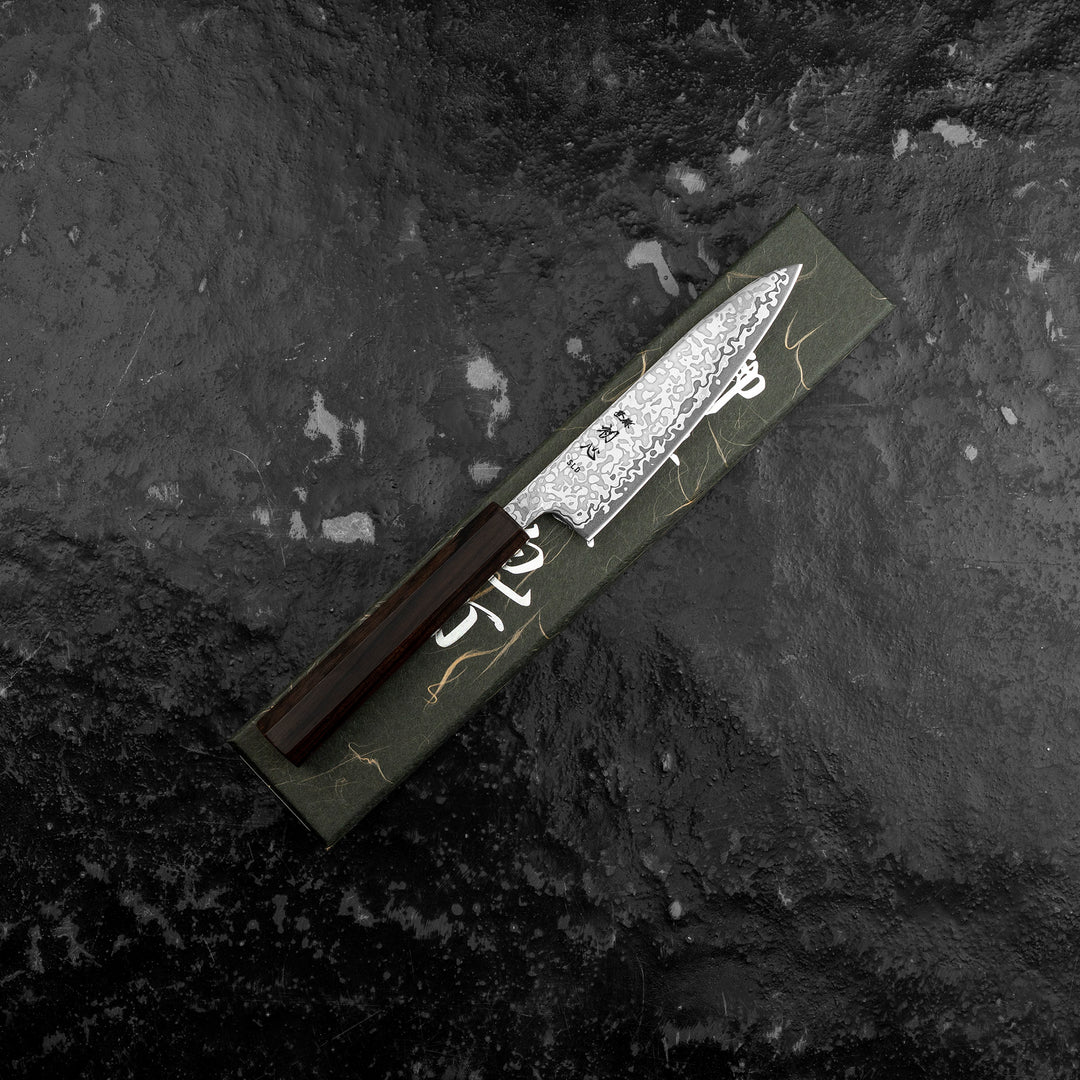 Petty 13 cm Hatsukokoro Hikari Kurozame Damascus SLD