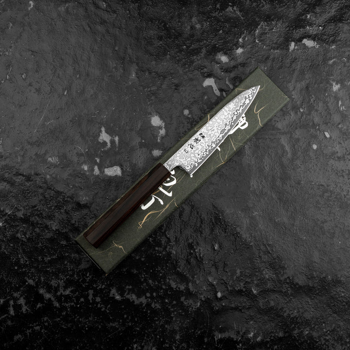 Petty 13 cm Hatsukokoro Hikari Kurozame Damascus SLD