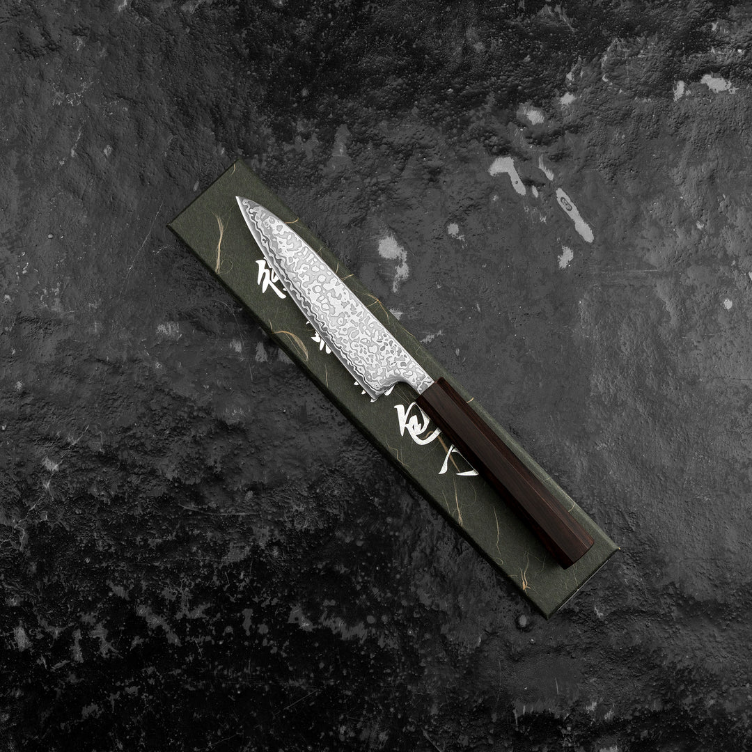 Petty 13 cm Hatsukokoro Hikari Kurozame Damascus SLD