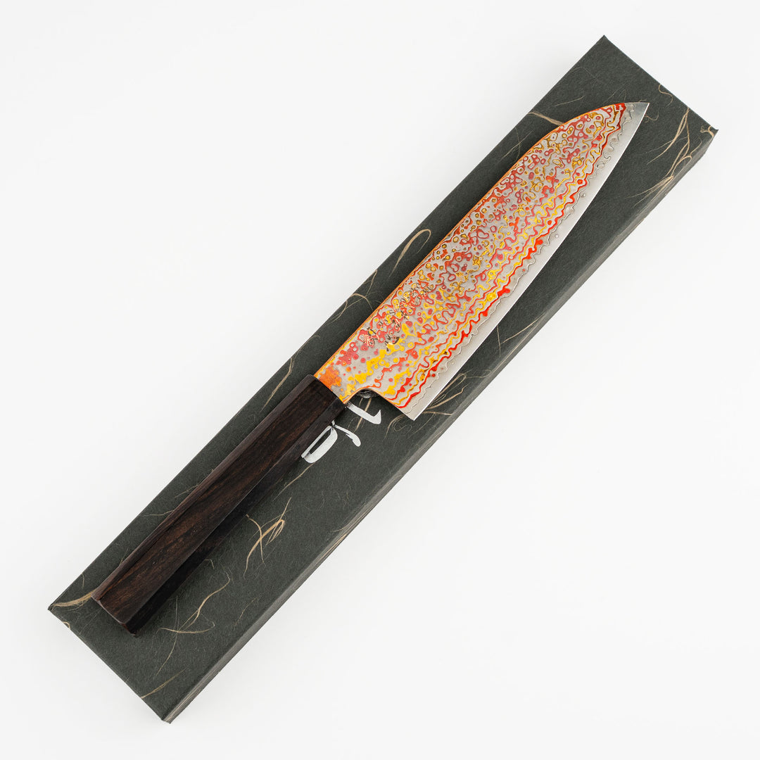 Santoku 18 cm Hatsukokoro Kujaku Rainbow Damascus V-Toku