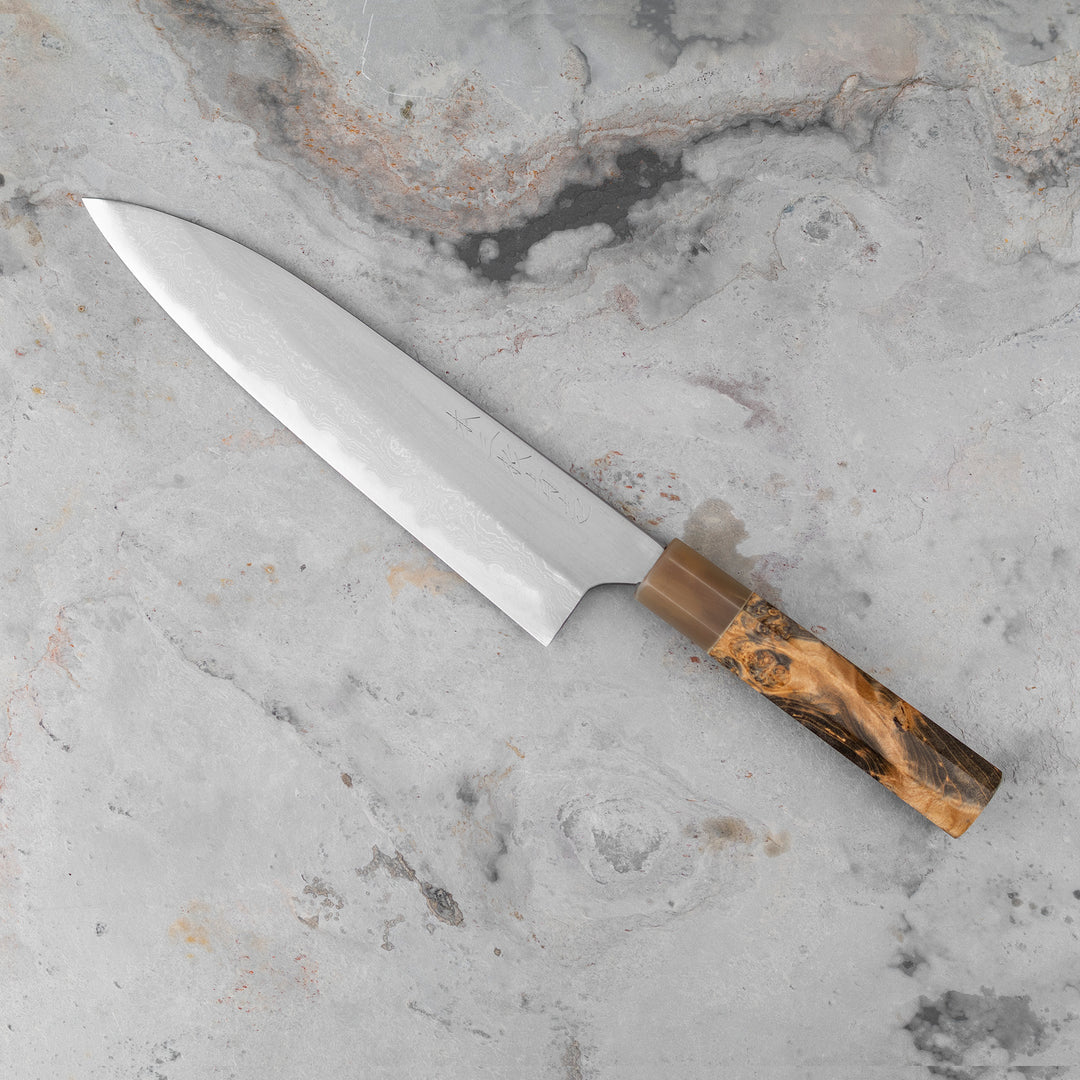 Gyuto 21 cm Naoki Mazaki Hon-Sanmai Damascus Aogami#1/Iron