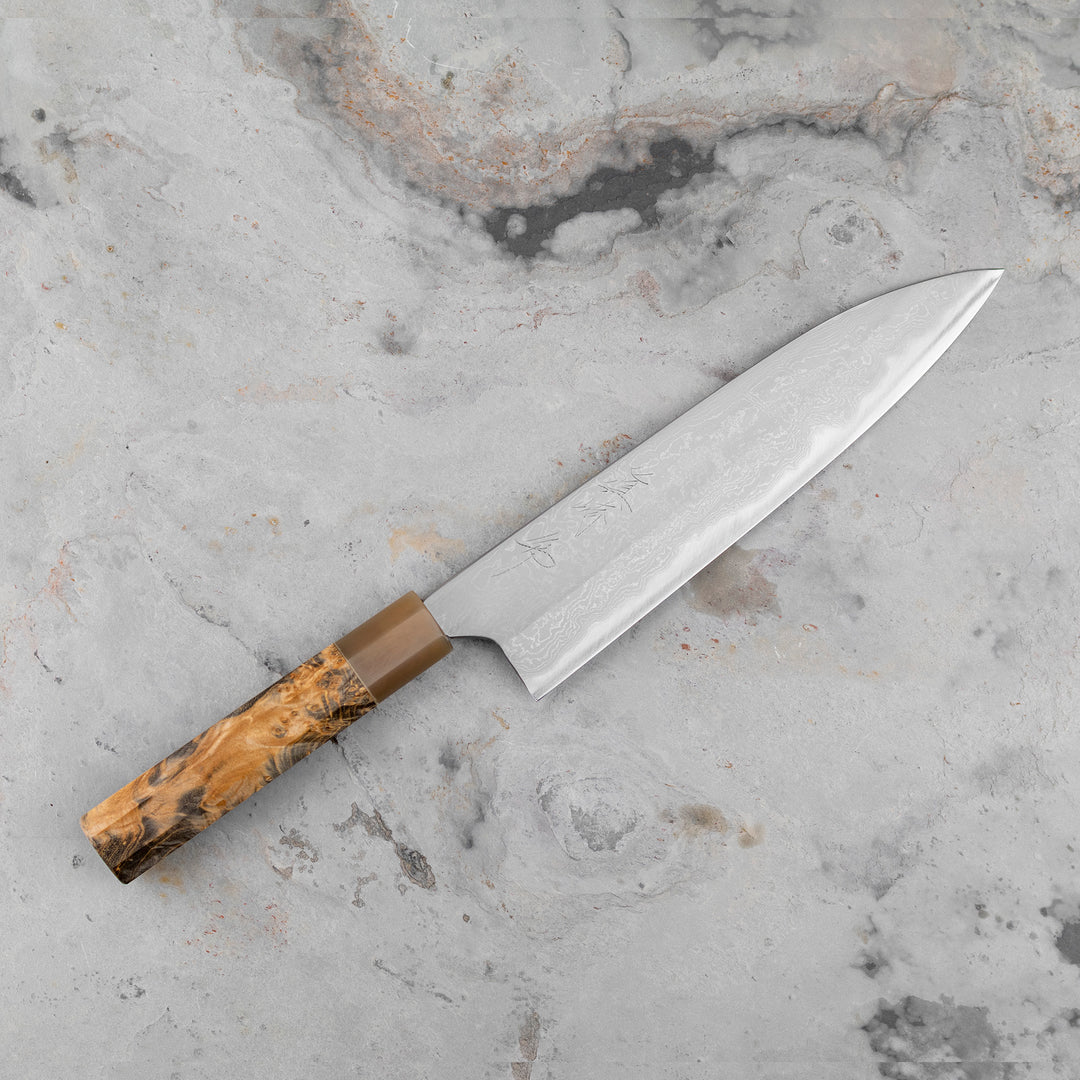 Gyuto 21 cm Naoki Mazaki Hon-Sanmai Damascus Aogami#1/Iron
