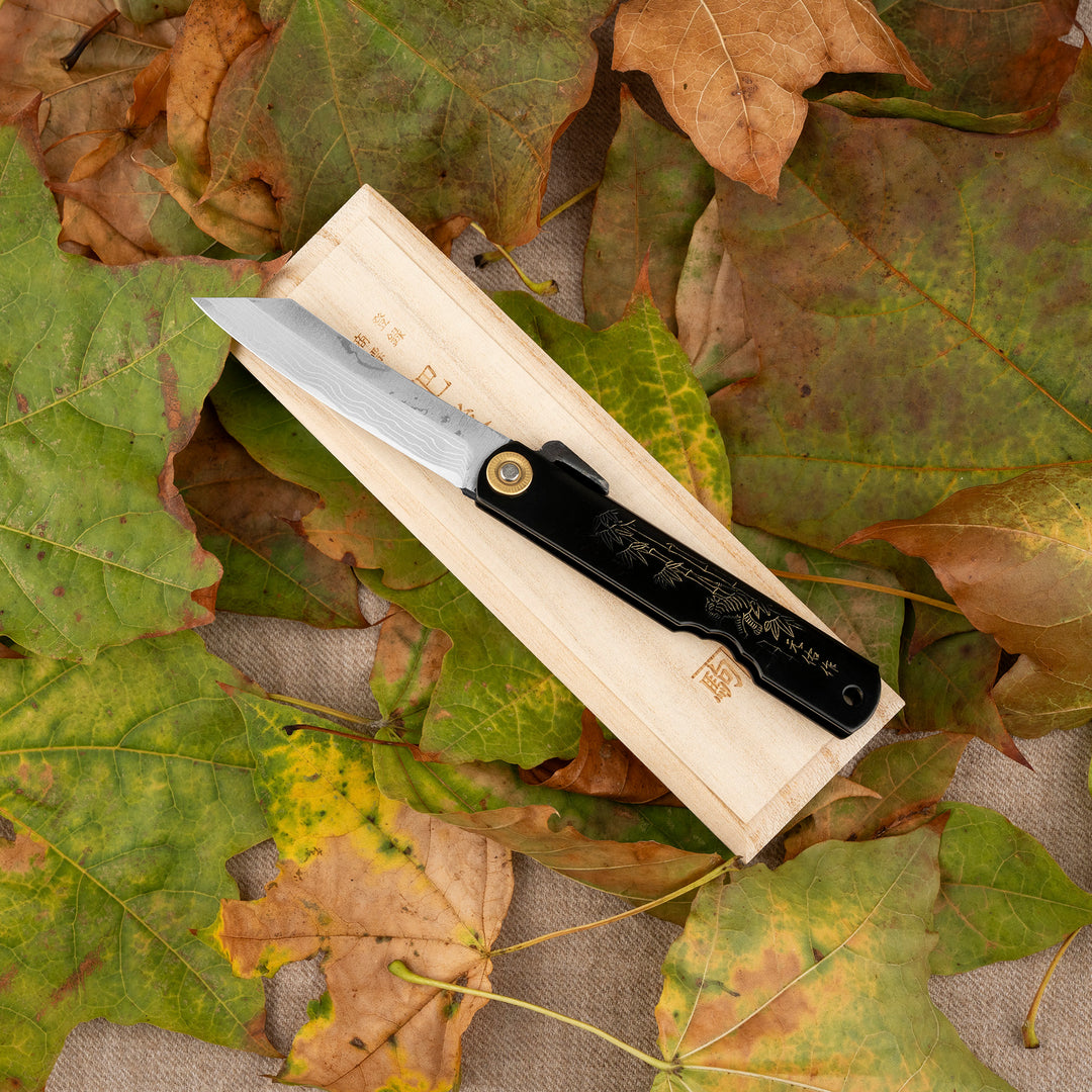 Pocket Knife 7 cm Higonokami Kanekoma Engrawing Black Damascus Aogami#2