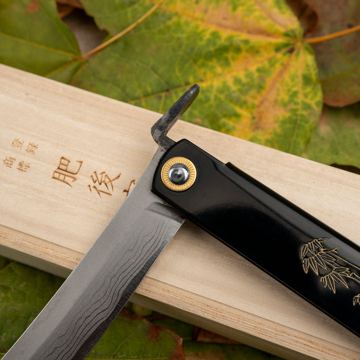Pocket Knife 9,5 cm Higonokami Kanekoma Engrawing Black Damascus Aogami#2