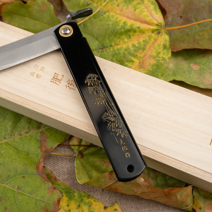 Pocket Knife 9,5 cm Higonokami Kanekoma Engrawing Black Damascus Aogami#2