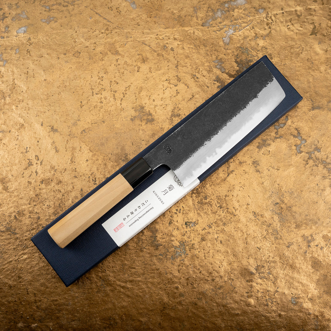 Nakiri 16,5 cm Sakai Kikumori Kikuzuki Kurouchi Shirogami#2/Iron