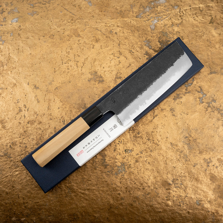 Nakiri 16,5 cm Sakai Kikumori Kikuzuki Kurouchi Shirogami#2/Iron