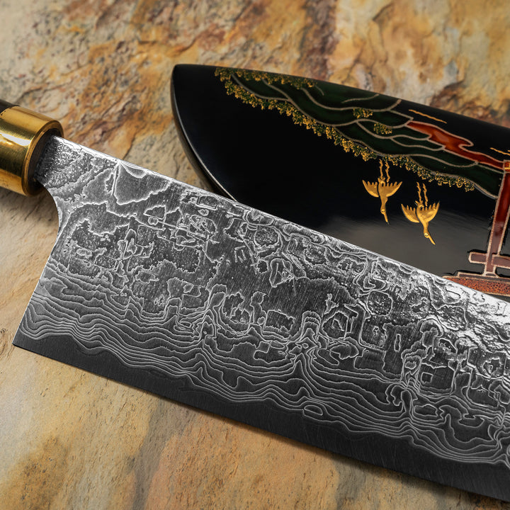 Santoku 18 cm Takeshi Saji Art Tori Fuji on Lake R-2 + Saya