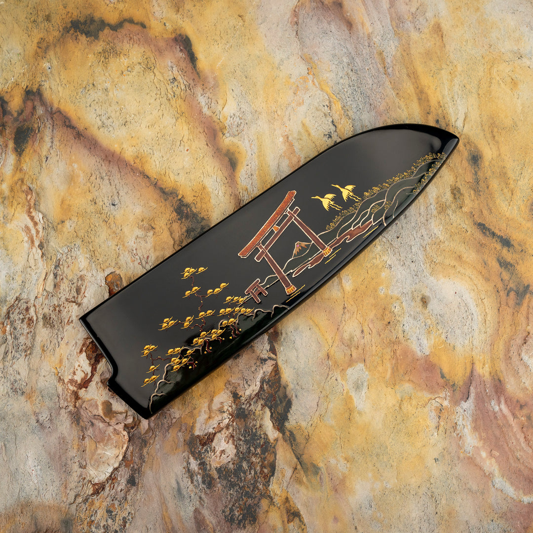 Santoku 18 cm Takeshi Saji Art Tori Fuji on Lake R-2 + Saya