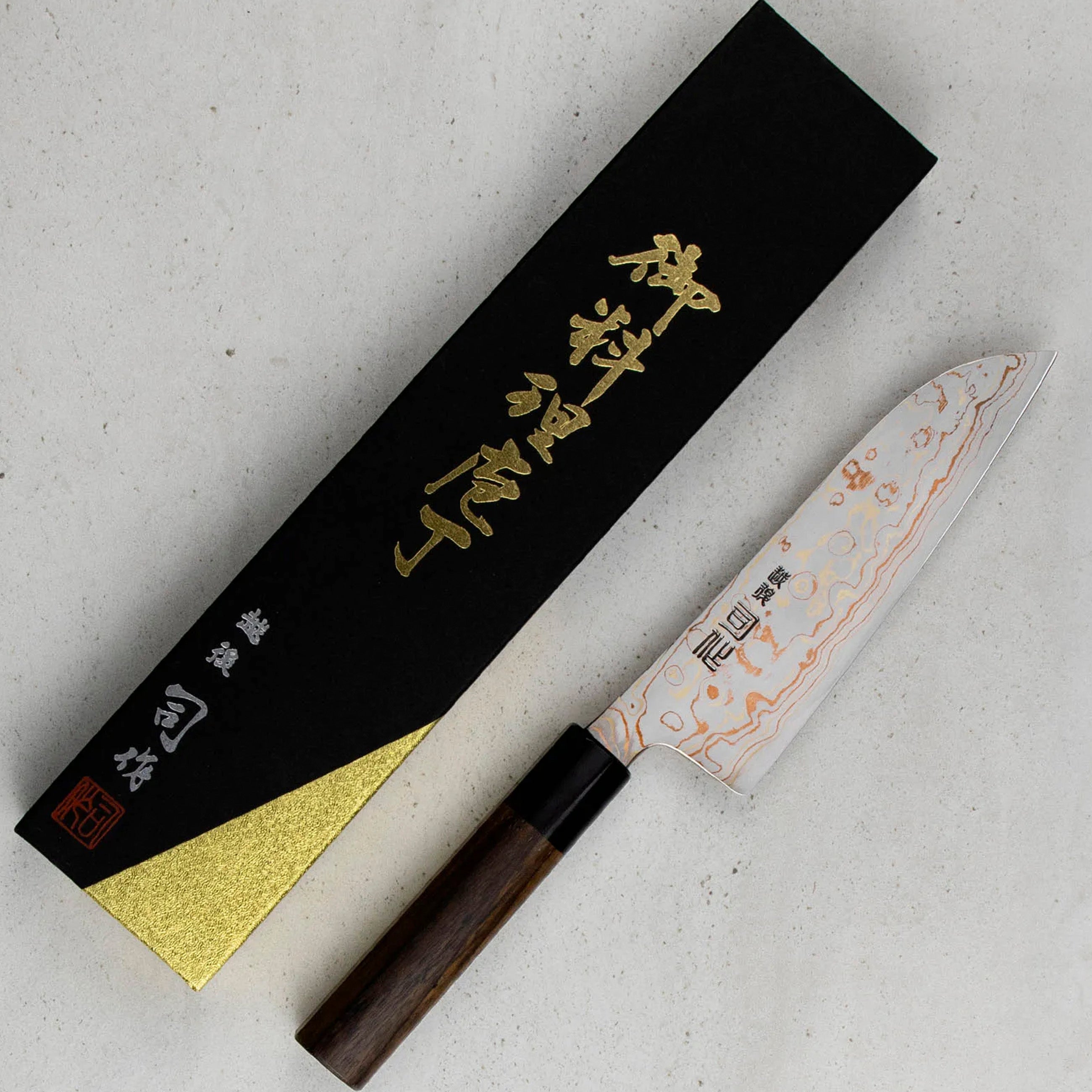 Santoku 16,5 cm Tsukasa Hinoura Color Damascus VS2 – Japan-knives.com