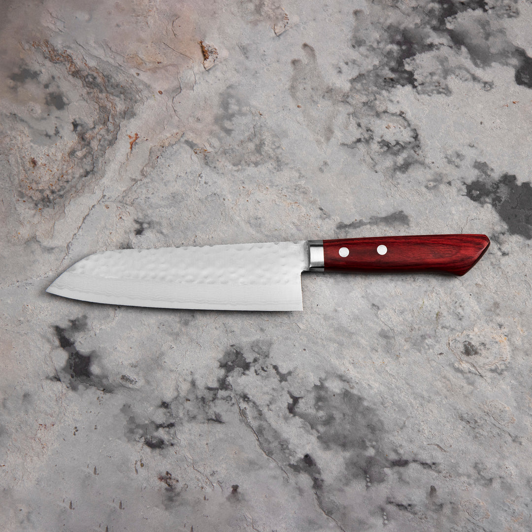 Santoku 17 cm Kunio Masutani VG-10 Hammered Red Damascus