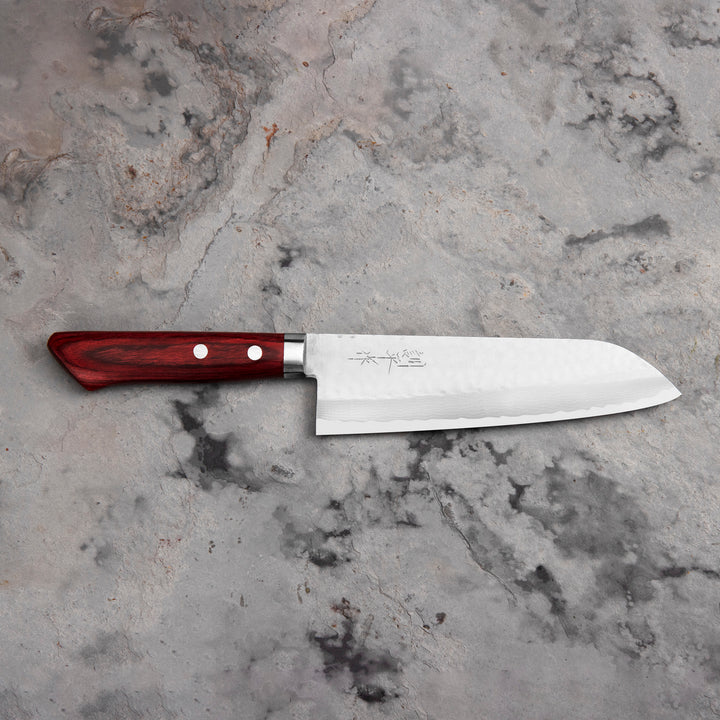 Santoku 17 cm Kunio Masutani VG-10 Hammered Red Damascus