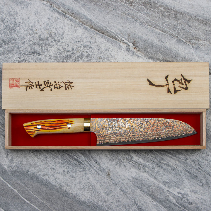 Santoku 18 cm Takeshi Saji Colored Damascus VG-10 Nashiji